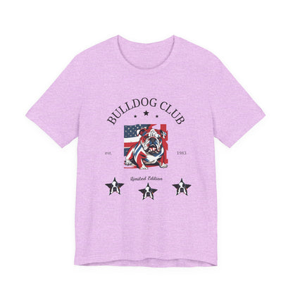 Bulldog Club t-shirt in Heather Prism Lilac — American flag bulldog graphic tee, front view