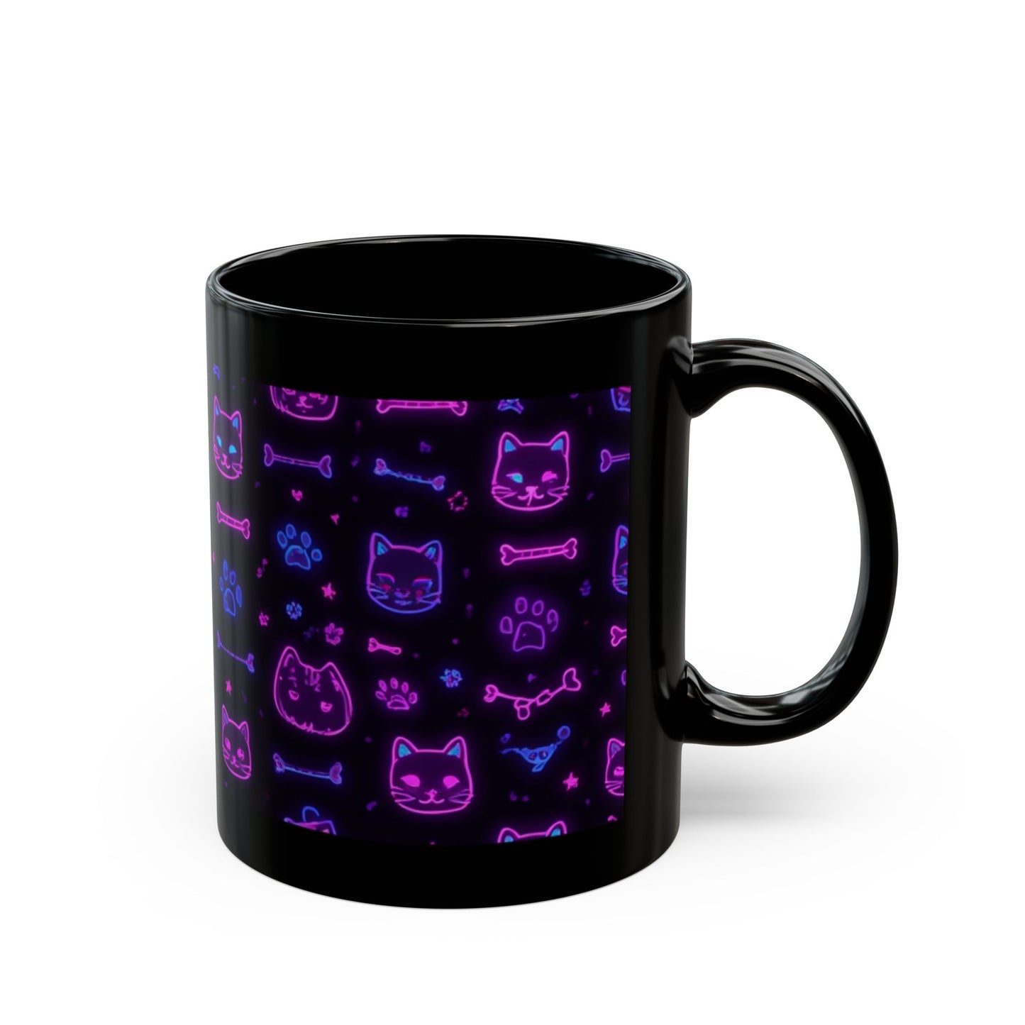 Neon Cat Pattern Black Mug — Glow-in-the-Dark Style Coffee Cup