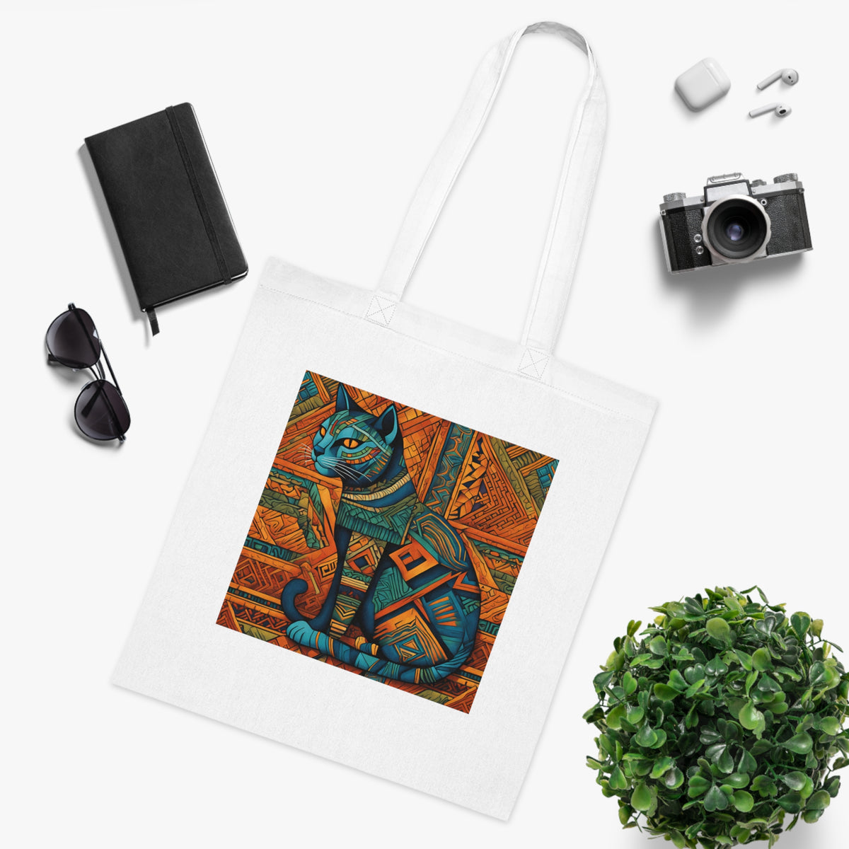 SniffWaggleNWalk™ Egyptian cat design cotton tote bag — front view