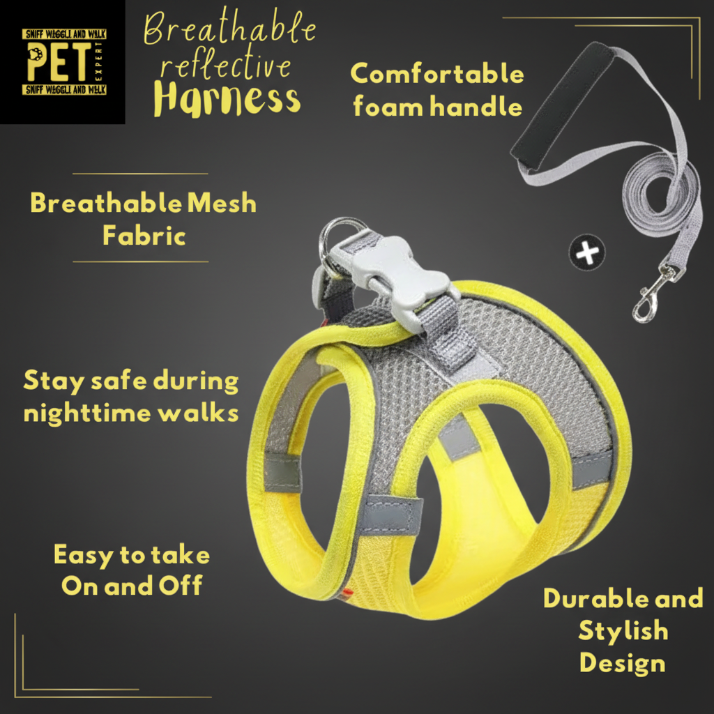 SniffWaggleNWalk AirStride™ breathable mesh dog harness in lemon yellow with foam-handle lead set