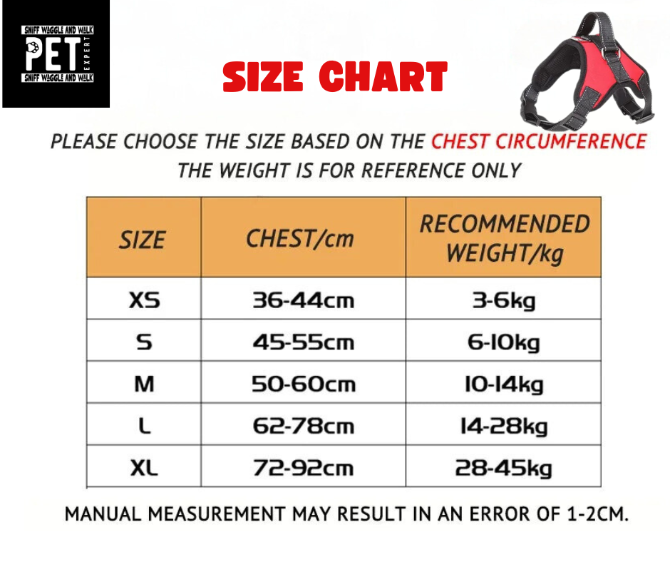StrideGuard™ harness size chart — XS 36–44cm, S 45–55cm, M 50–60cm, L 62–78cm, XL 72–92cm chest