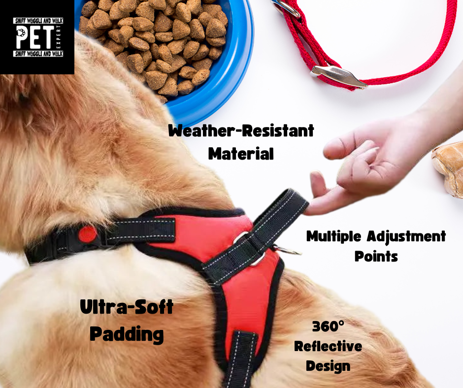 StrideGuard™ harness feature diagram — adjustable buckle, quick-release socket, 3M reflective yarn, breathable mesh, thickened nylon grips