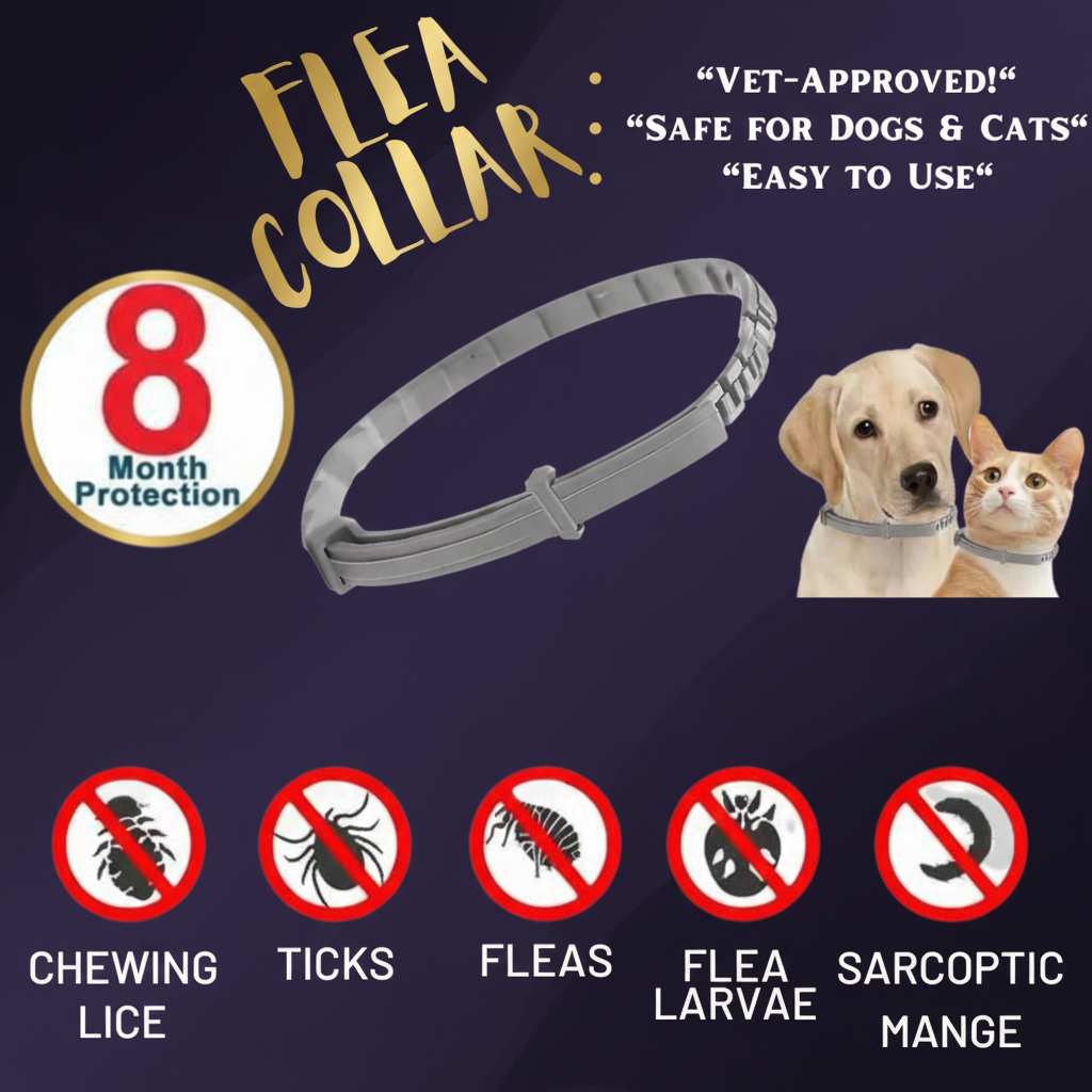 SniffWaggleNWalk FleeceShield flea and tick collar for dogs showing adjustable length, natural citronella formula, emergency break point and waterproof elastic material