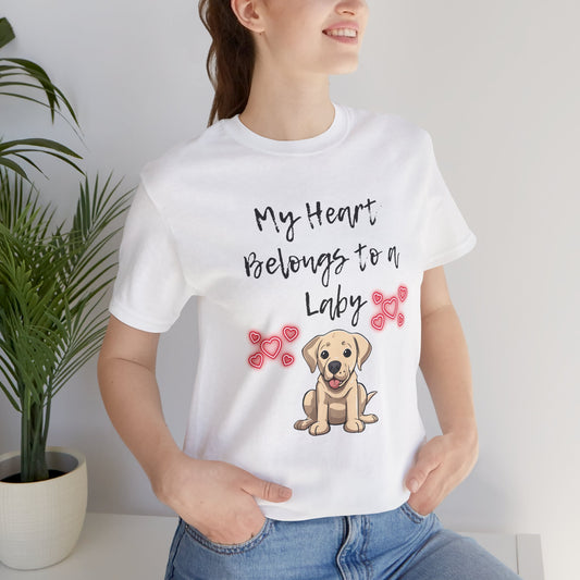My Heart Belongs to a Laby Labrador t-shirt in White worn by a model, front view