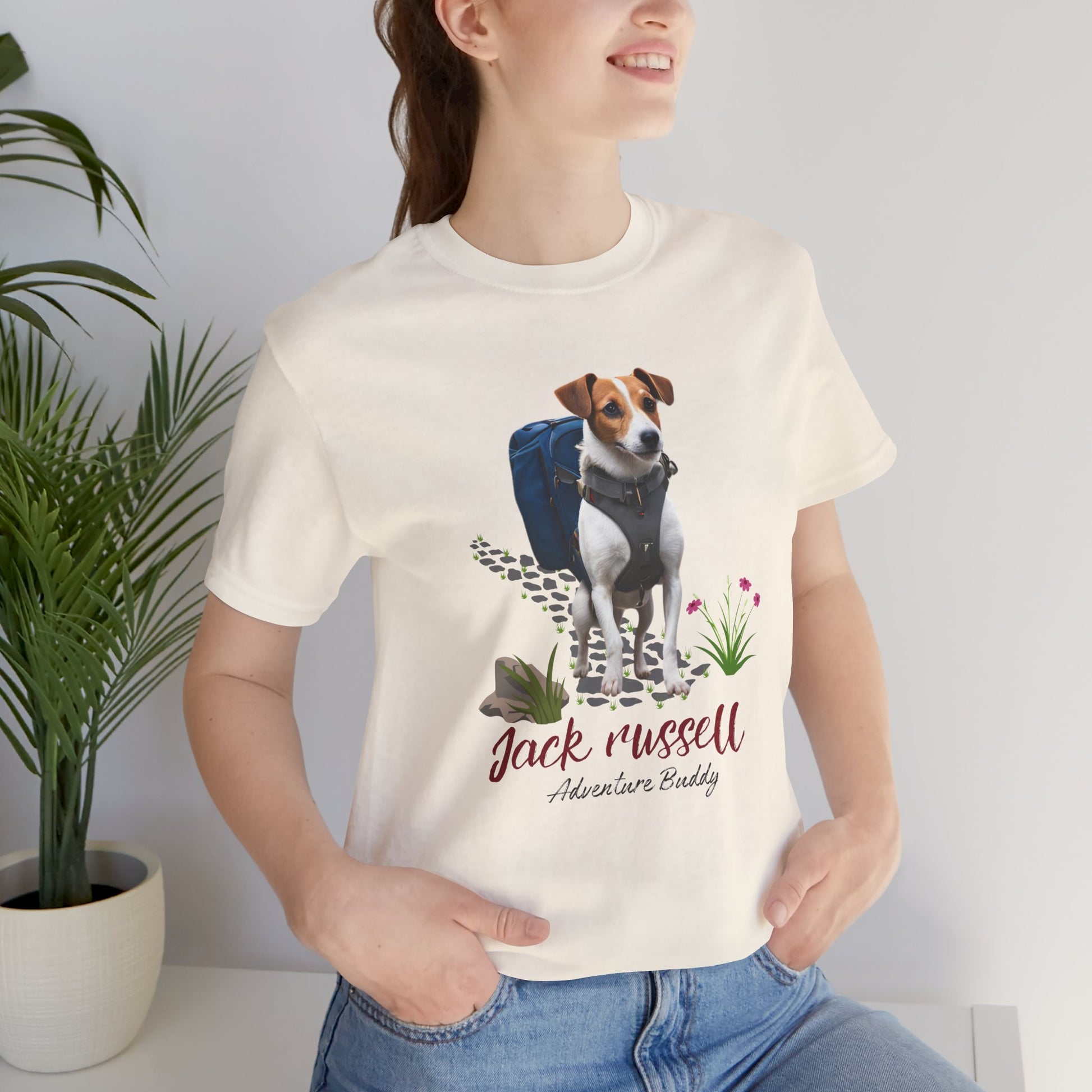 Jack Russell Adventure Buddy t-shirt in Natural — hiking Jack Russell with backpack graphic, front view