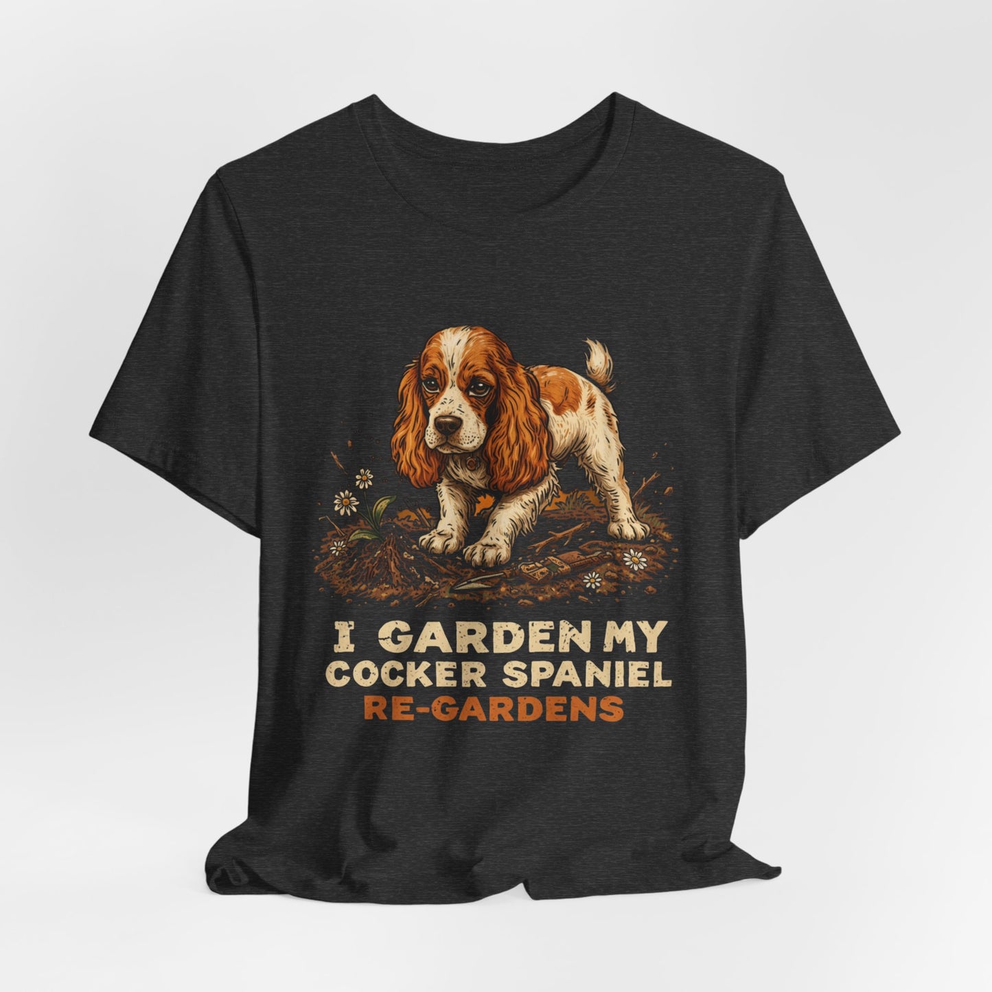 Cocker Spaniel gardening tee on navy model