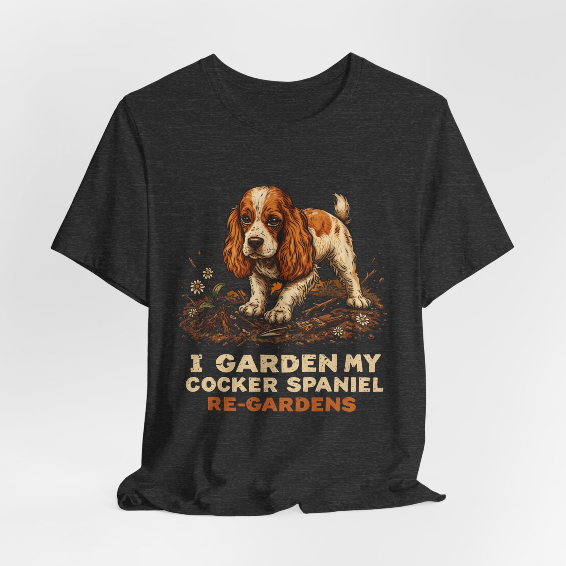 Cocker Spaniel gardening tee on navy model
