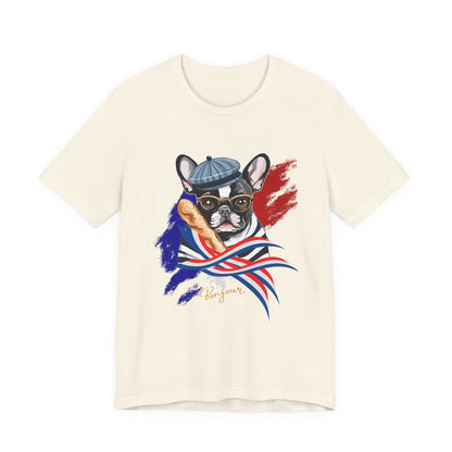 French Bulldog with Baguette T-Shirt in Navy — bold Frenchie baguette graphic tee — SniffWaggleNWalk™