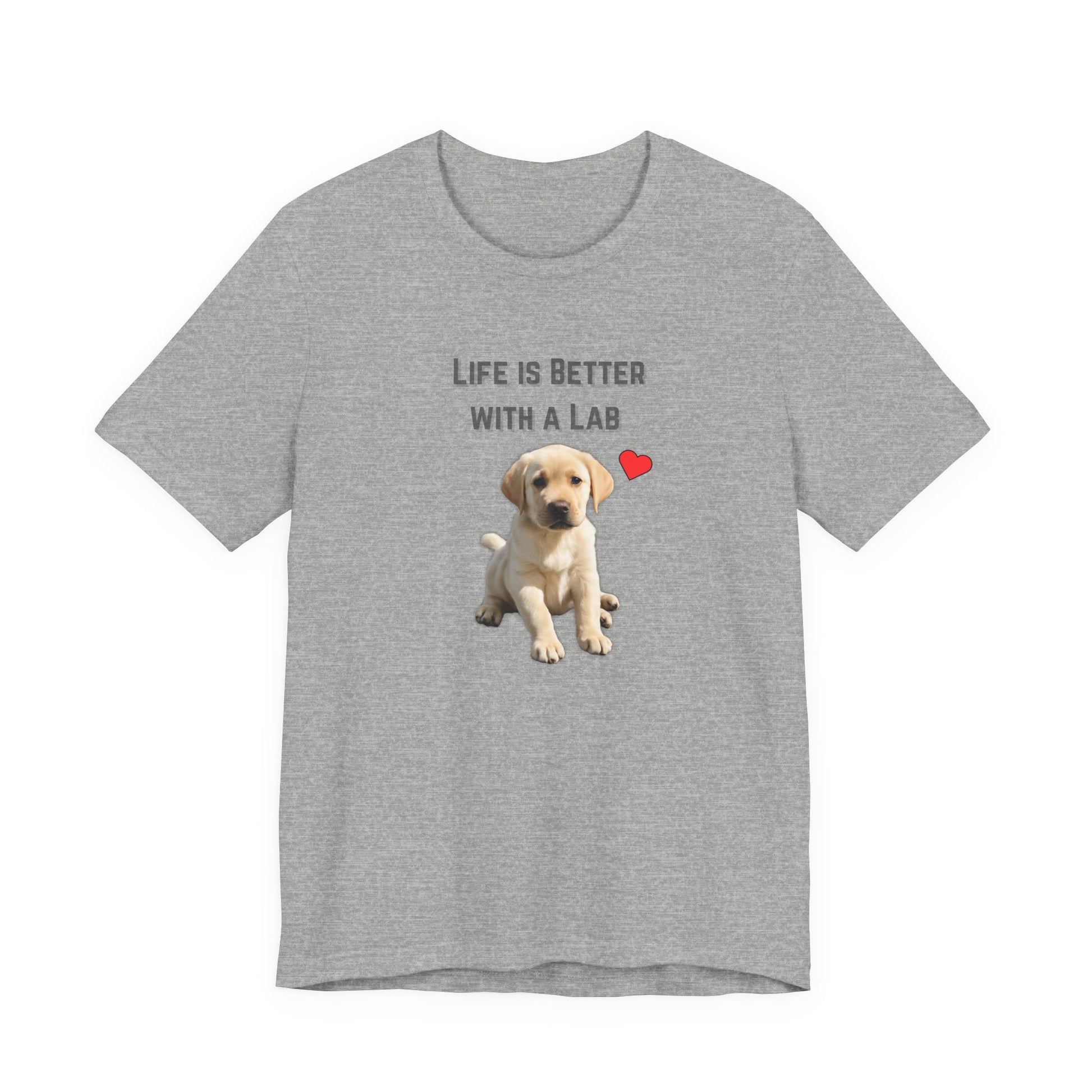 Life Is Better with a Lab puppy t-shirt in Athletic Heather, flat lay front view