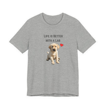 Life Is Better with a Lab puppy t-shirt in Athletic Heather, flat lay front view