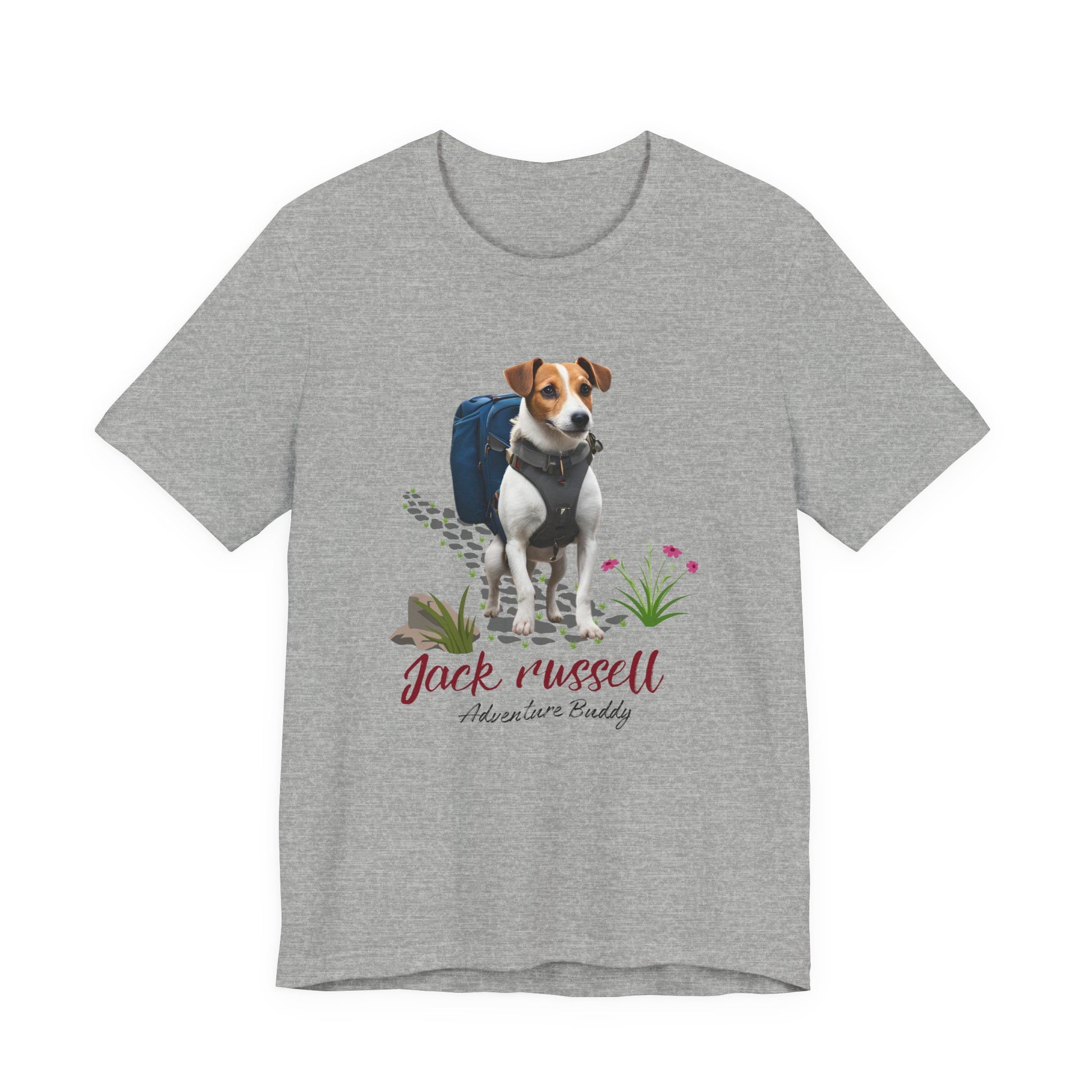 Jack Russell Adventure Buddy t-shirt in Athletic Heather grey — hiking terrier graphic tee, front view
