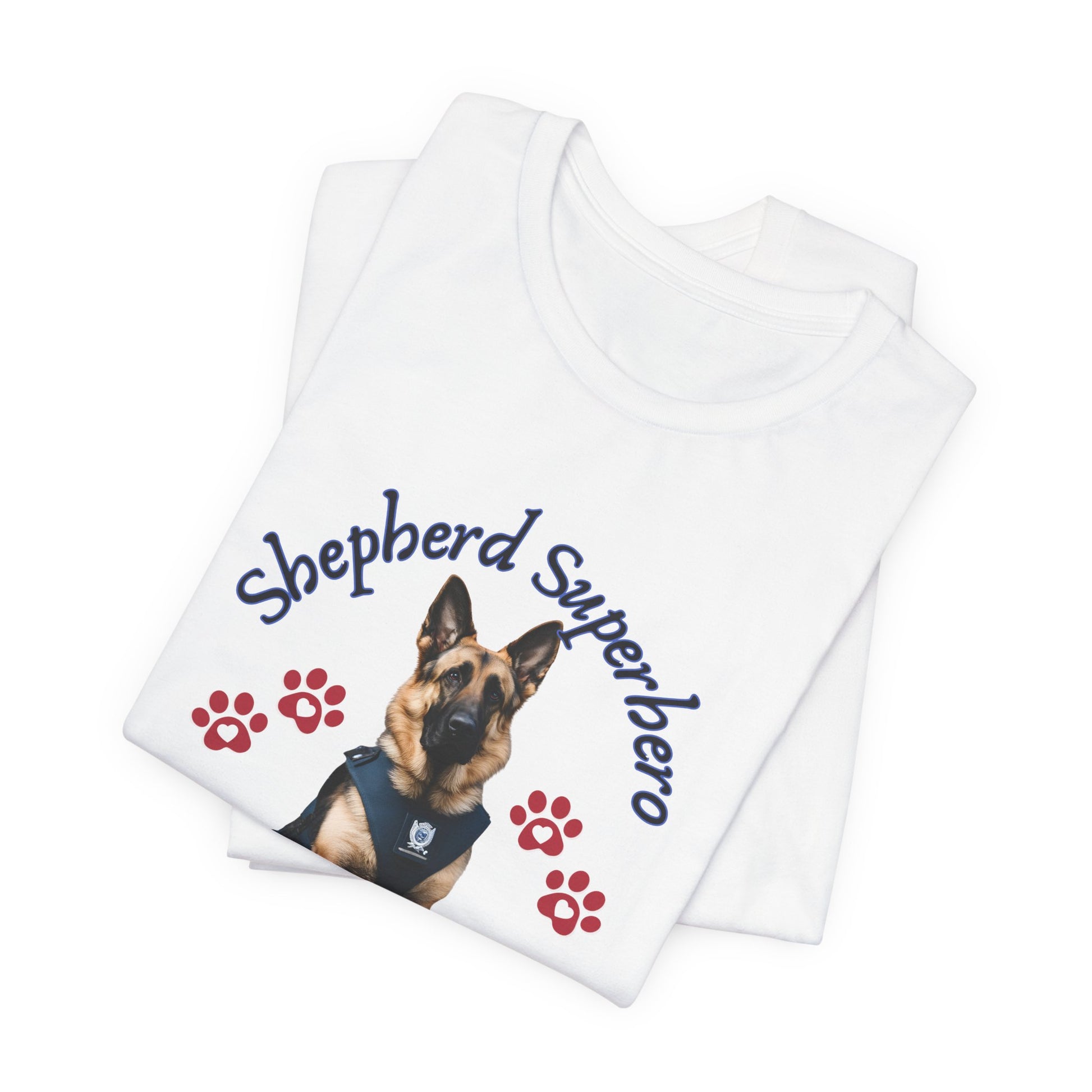 Shepherd Superhero German Shepherd t-shirt in White, folded view showing hero portrait print