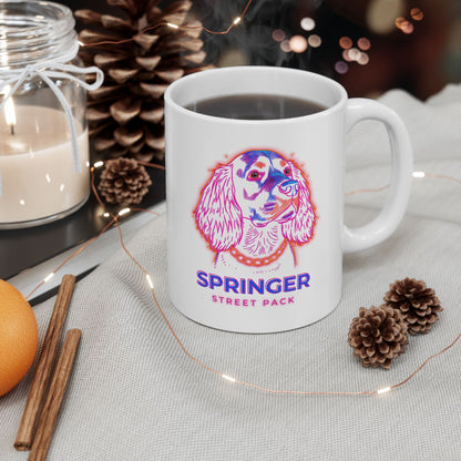 Springer Spaniel neon street pack black ceramic mug — dog lover gift