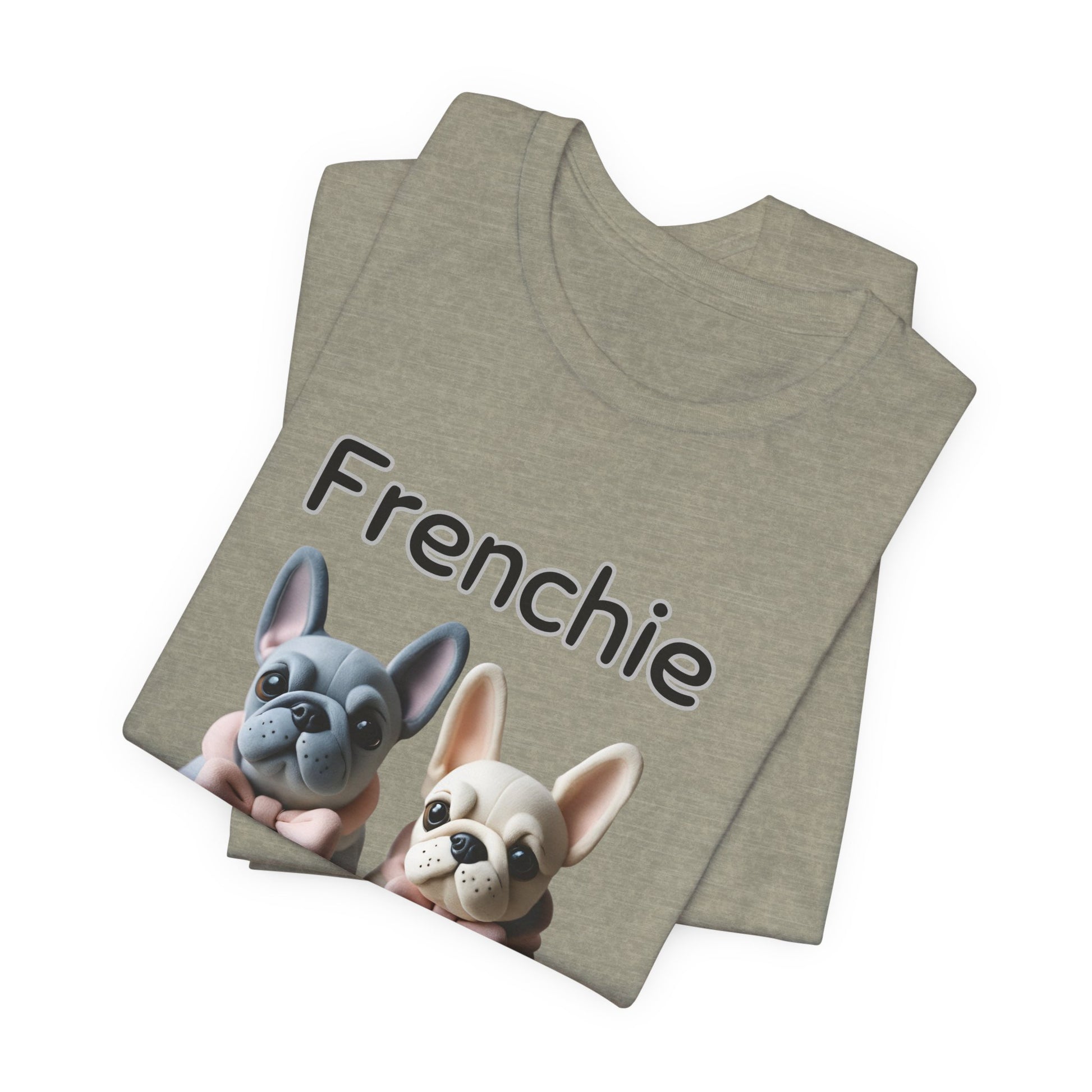 Folded Heather Stone Frenchie Squad t-shirt with French Bulldog pups design