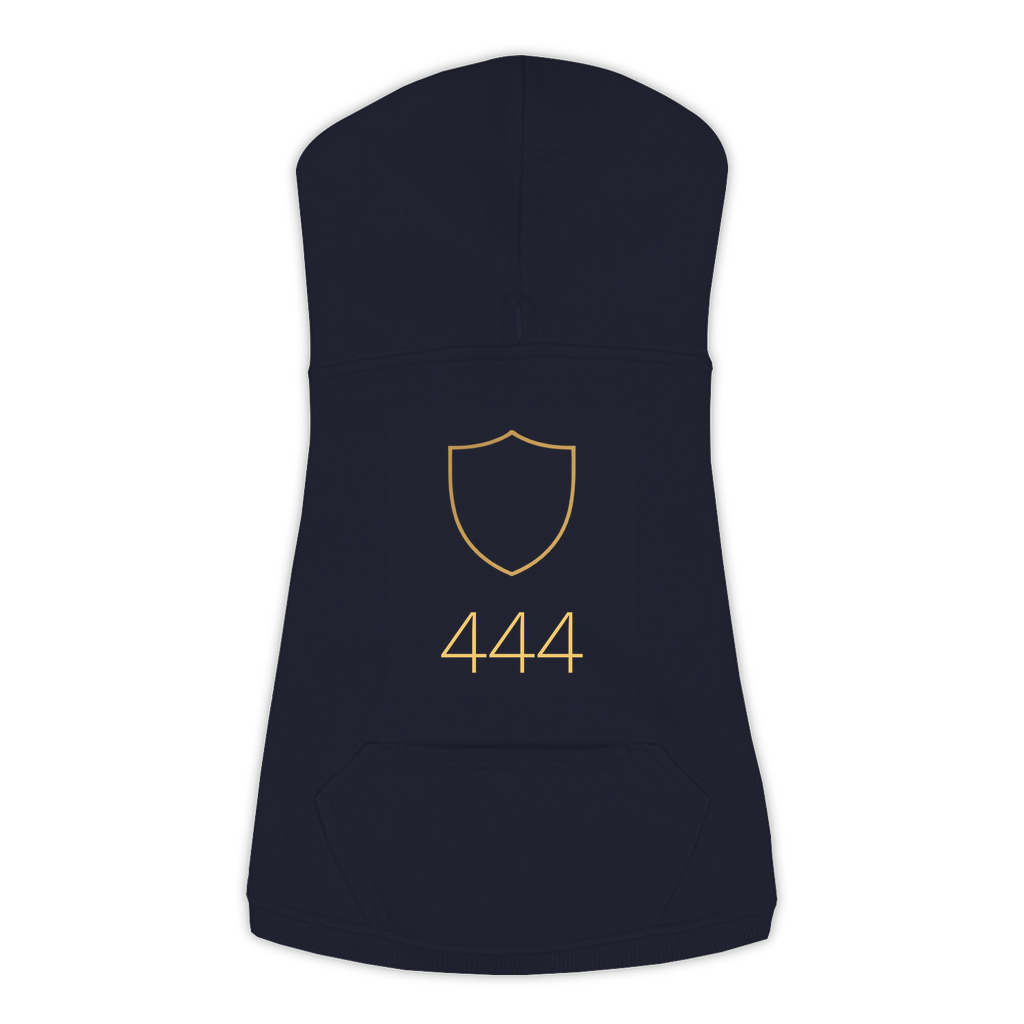 444 Angel Number dog hoodie in Navy — gold shield emblem and '444' print on Doggie Skins fleece pullover