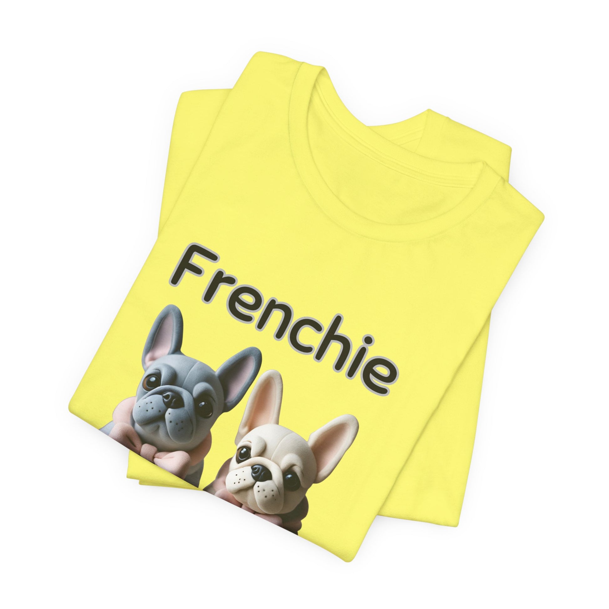 Folded Yellow Frenchie Squad t-shirt with French Bulldog pups design