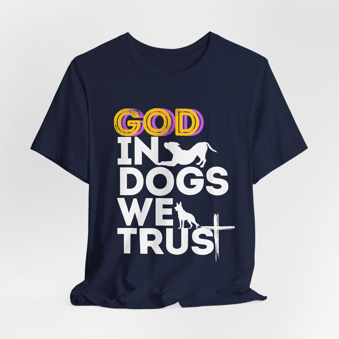 God in Dogs We Trust dog faith tee, print close-up