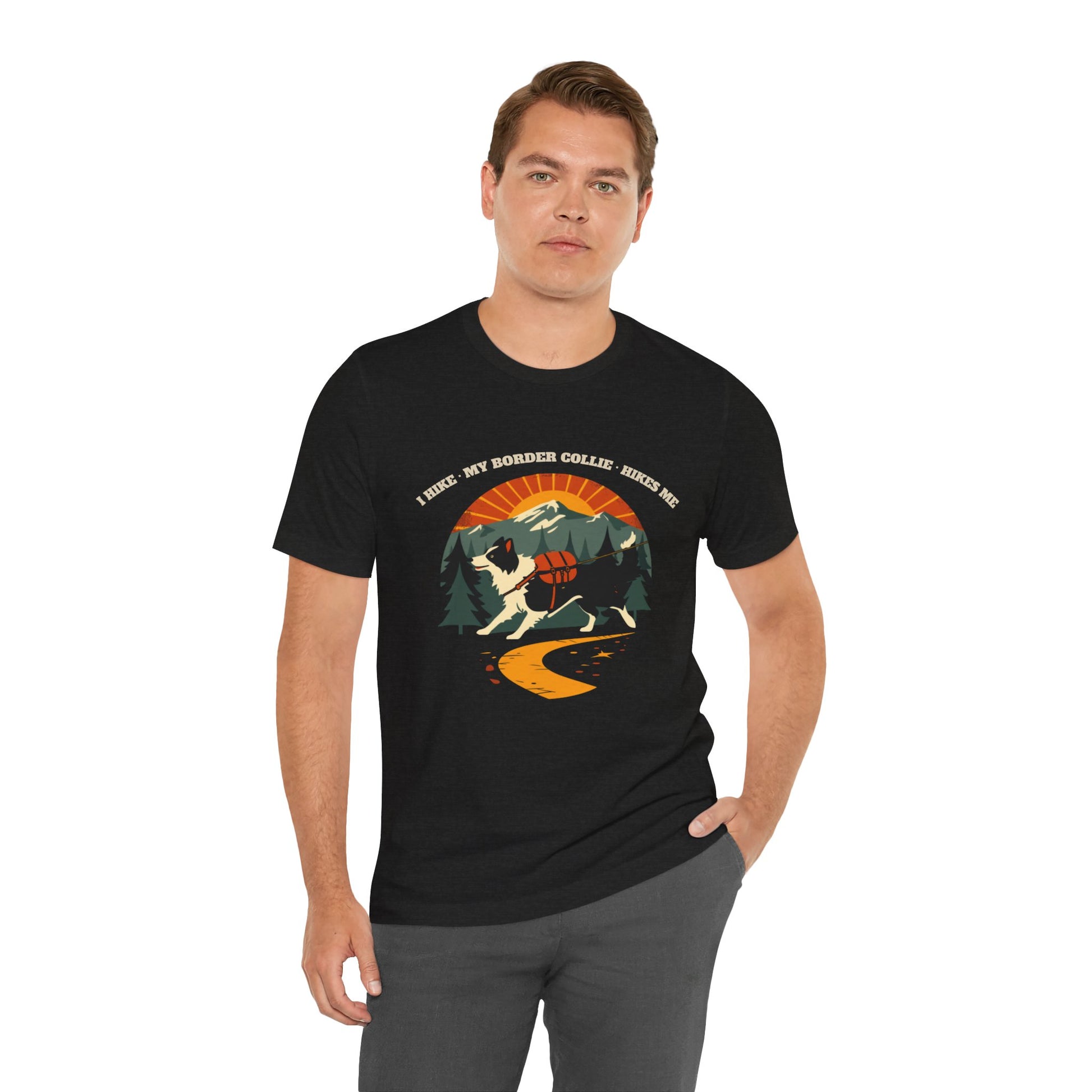 Black border collie hiking t-shirt styled with jeans