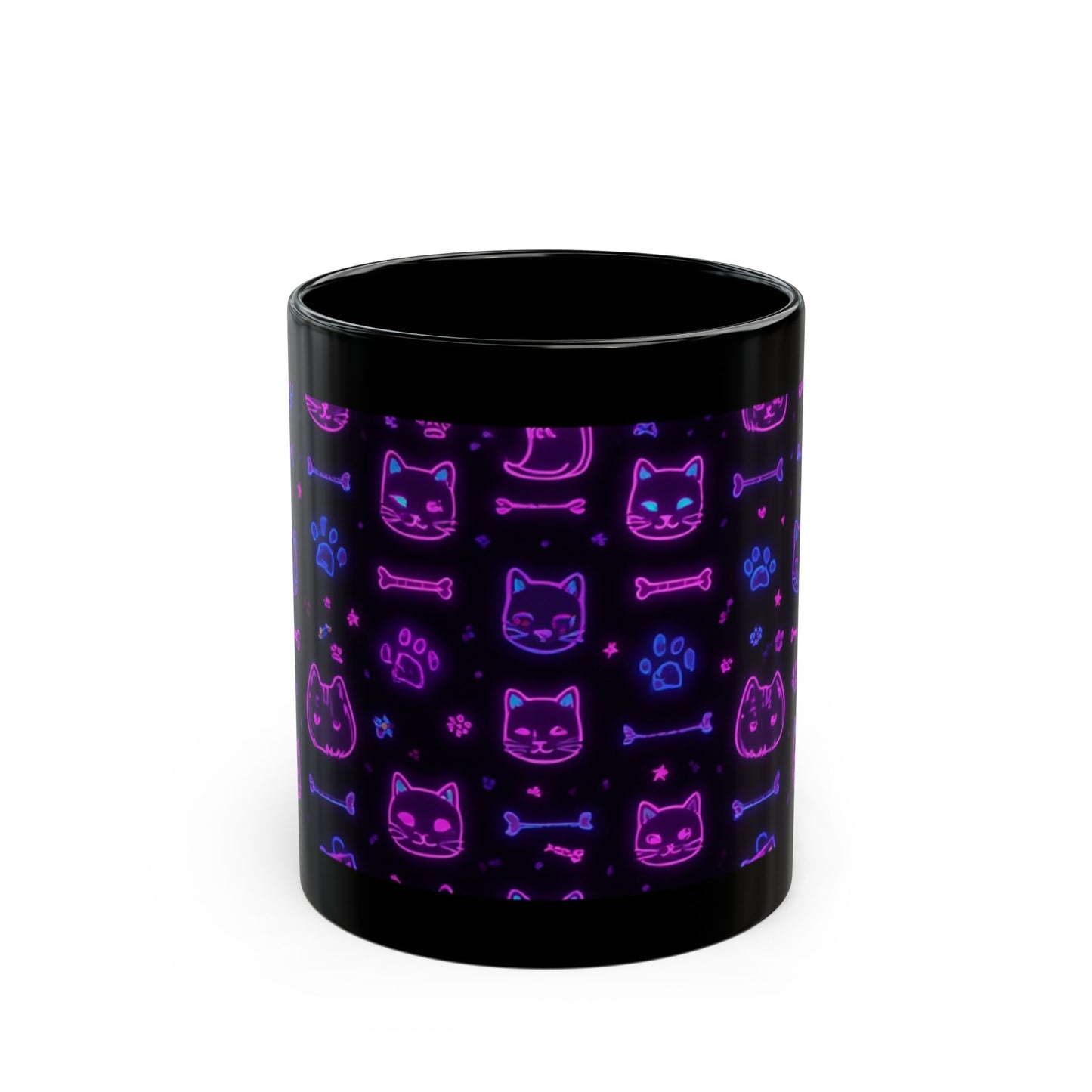 Neon Cat Pattern Black Mug — Glow-in-the-Dark Style Coffee Cup