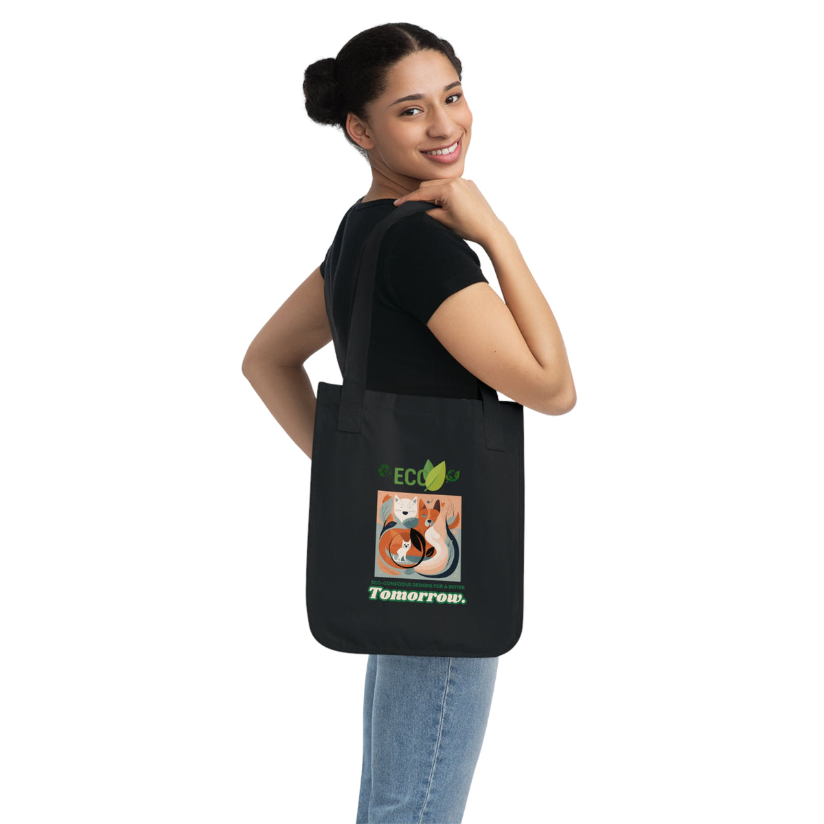 Organic cotton pet design tote bag — close-up of dog and cat print and fabric texture