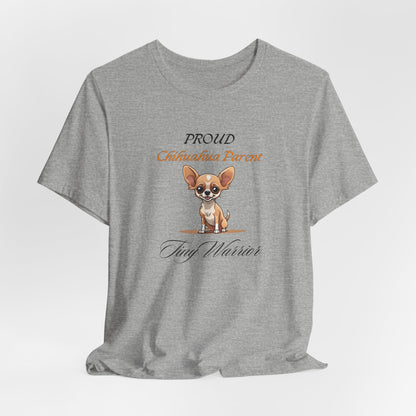 Proud Chihuahua Parent organic cotton t-shirt detail of the Tiny Warrior print