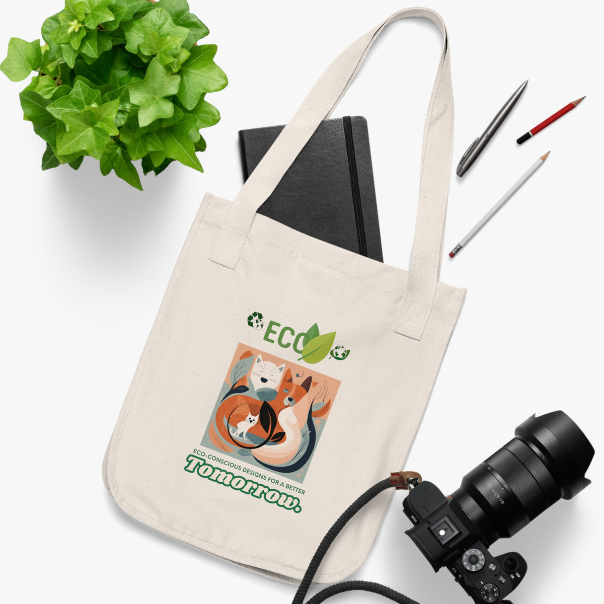 Organic dog and cat canvas tote bag in navy colourway — front view on white background