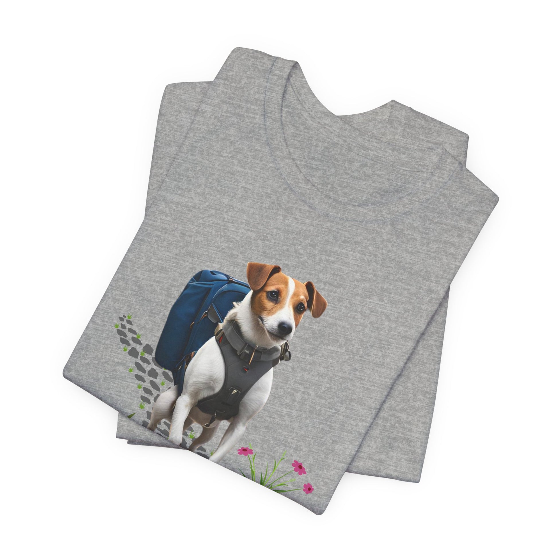 Folded Athletic Heather Jack Russell Adventure Buddy tee with backpack terrier print