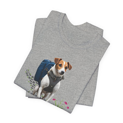 Folded Athletic Heather Jack Russell Adventure Buddy tee with backpack terrier print