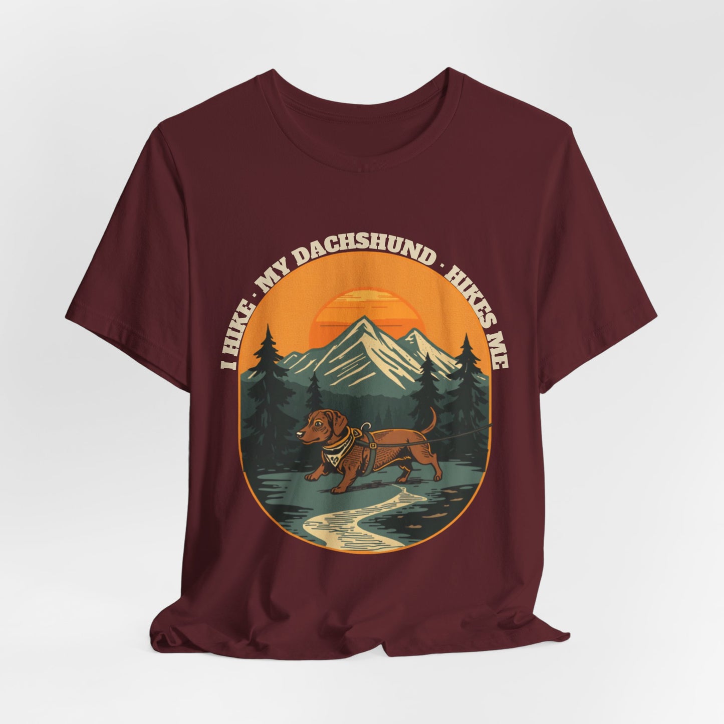 Navy dachshund hiking unisex tee gift idea for outdoor dog lovers