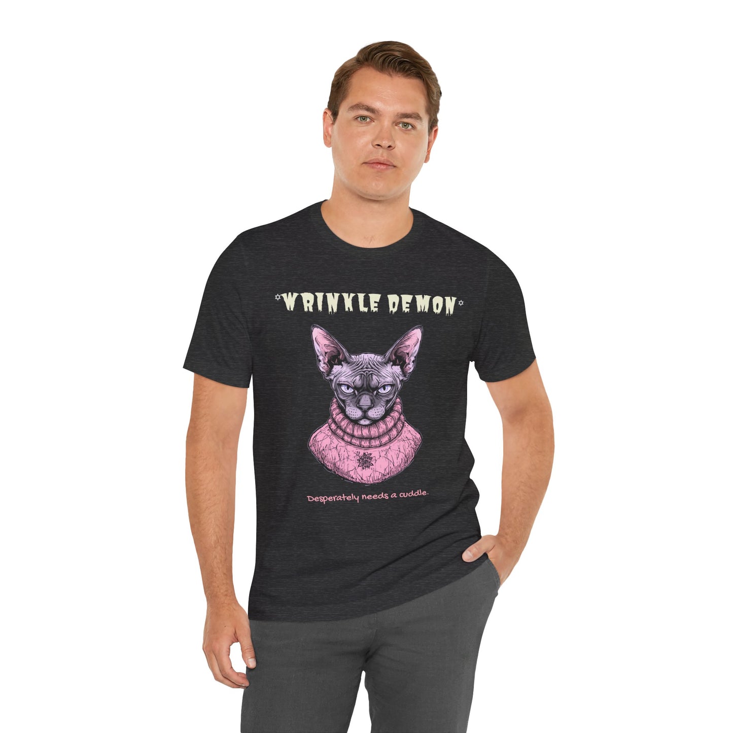 Wrinkly Demon Sphynx Cat Tee — “desperately needs a cuddle.” Graphic Cat T-Shirt