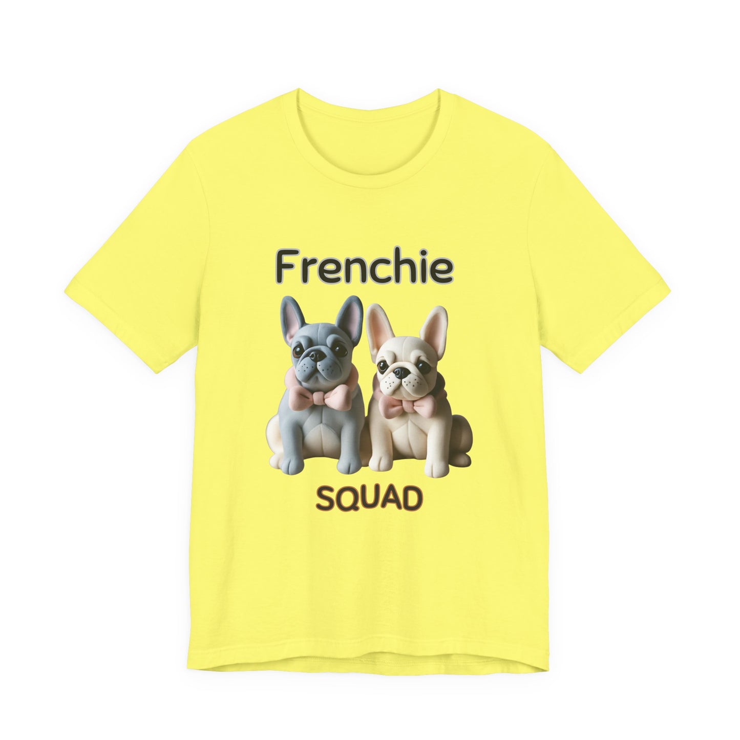 Frenchie Squad t-shirt in Yellow — cute French Bulldog pups graphic tee, front view