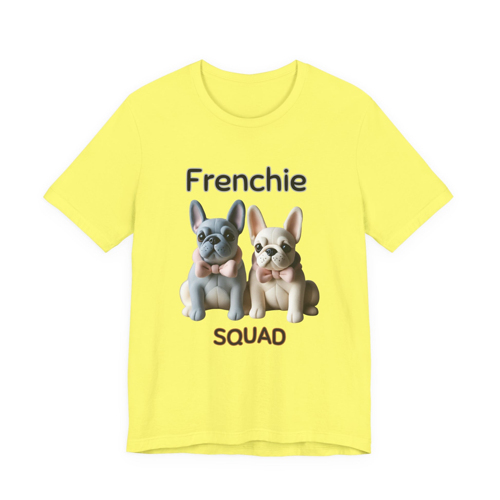 Frenchie Squad t-shirt in Yellow — cute French Bulldog pups graphic tee, front view
