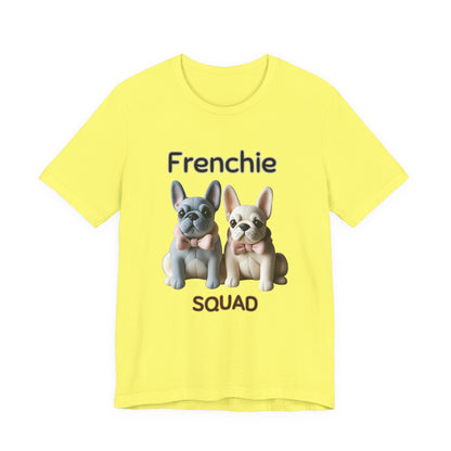 Frenchie Squad t-shirt in Yellow — cute French Bulldog pups graphic tee, front view