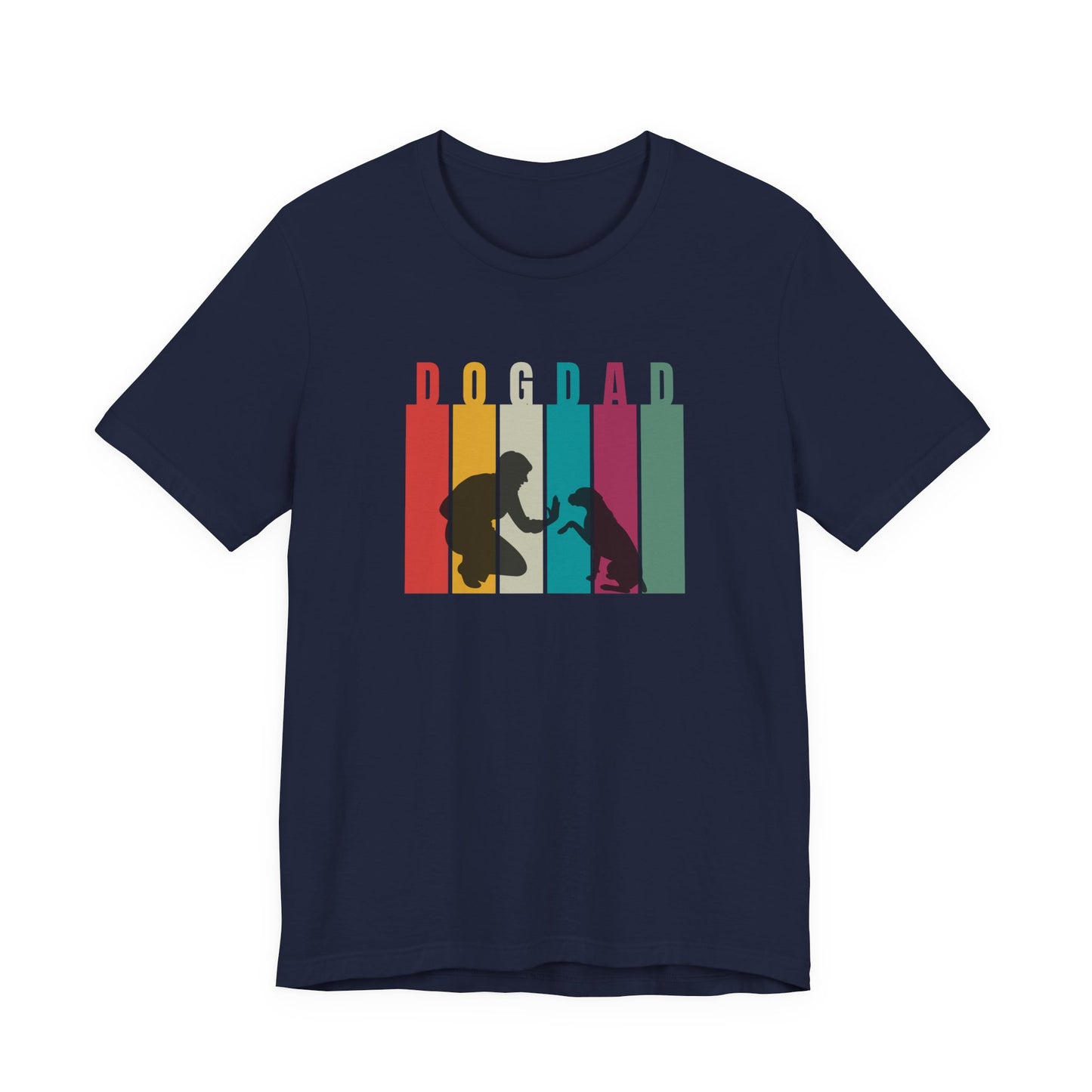 Dog Dad T-Shirt in Navy — retro colour-block dog dad design with vintage stripes