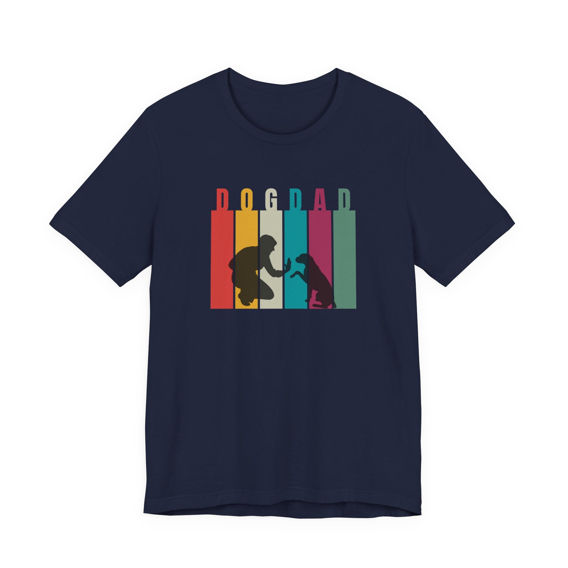 Dog Dad T-Shirt in Navy — retro colour-block dog dad design with vintage stripes