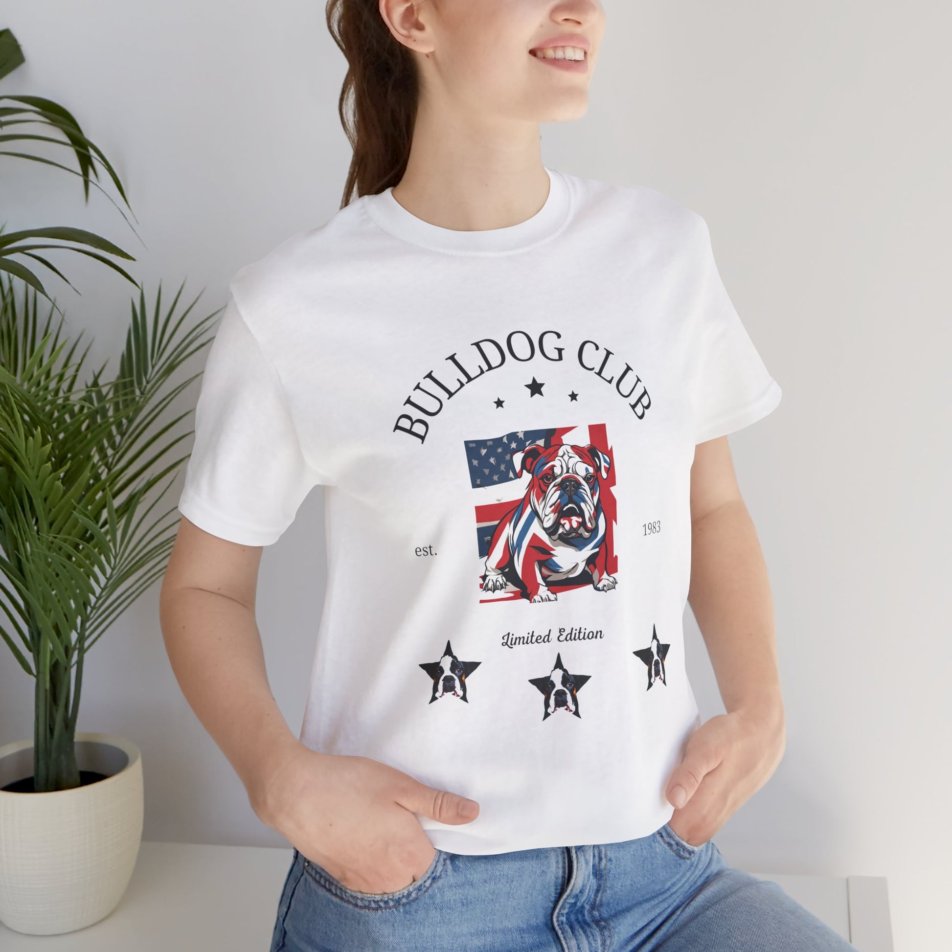 Woman wearing White Bulldog Club t-shirt with American flag bulldog design