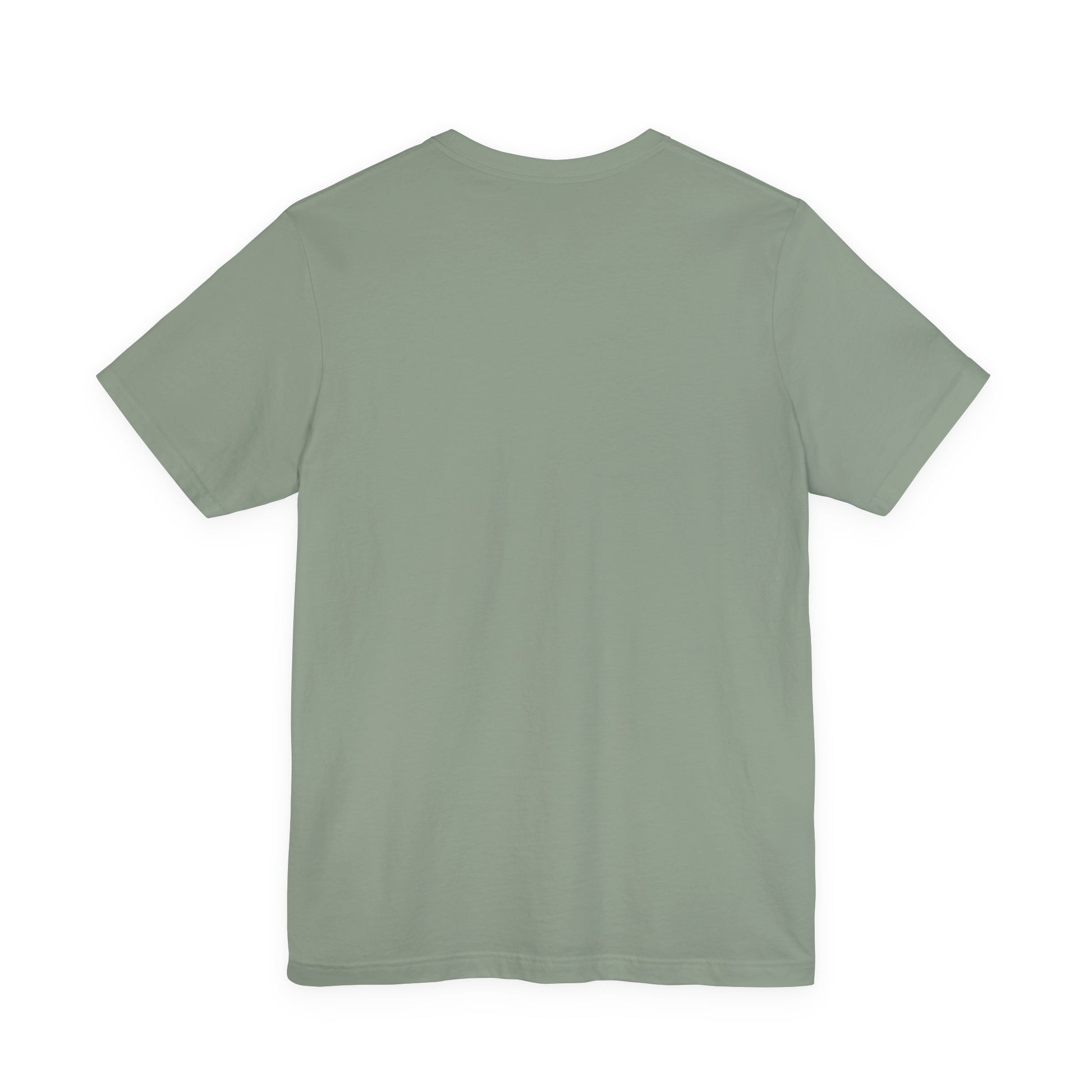 Back view of Sage green Jack Russell Adventure Buddy unisex t-shirt