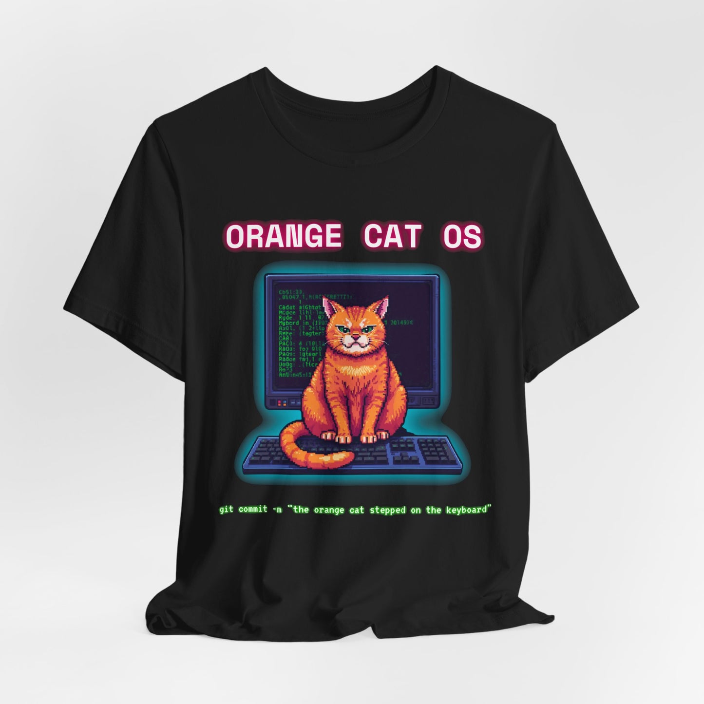 Orange Cat OS T-Shirt — Retro Computer Cat Tee ("Orange Cat OS" with keyboard caption)