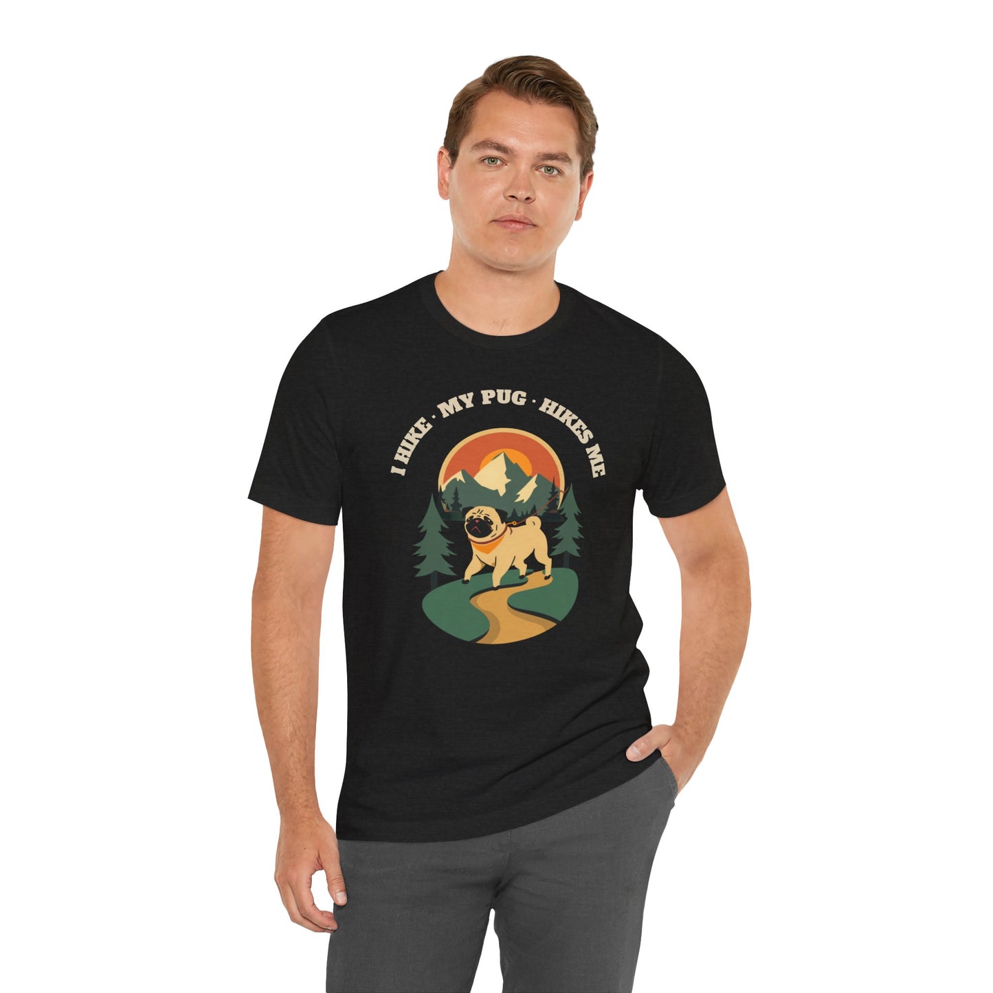 Black pug hiking t-shirt styled with jeans