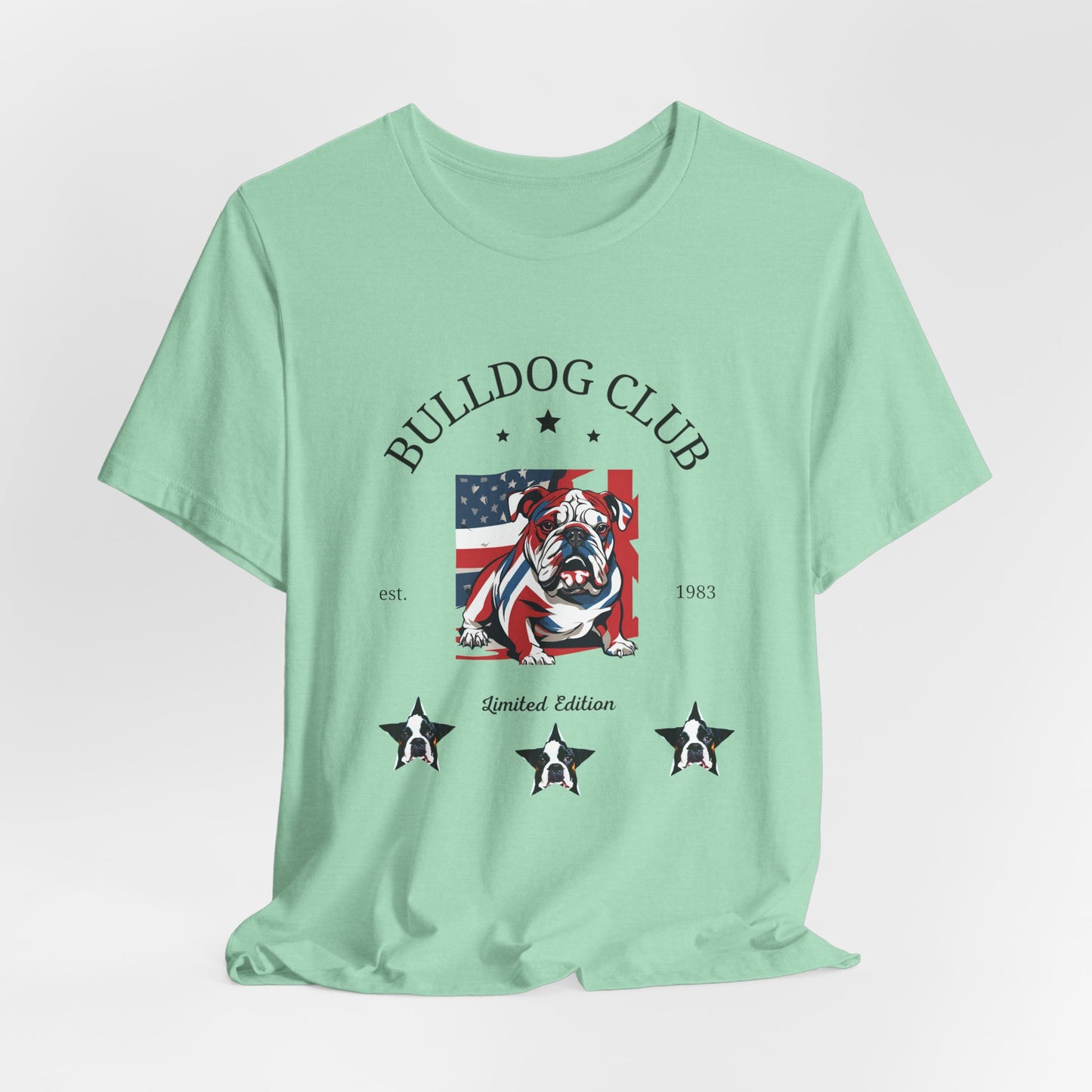 Heather Mint Bulldog Club graphic tee laid flat showing vintage crest print
