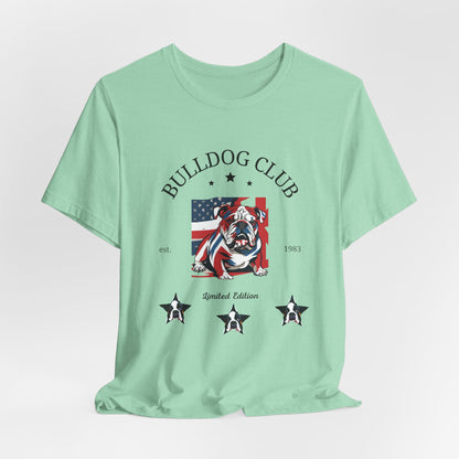 Heather Mint Bulldog Club graphic tee laid flat showing vintage crest print
