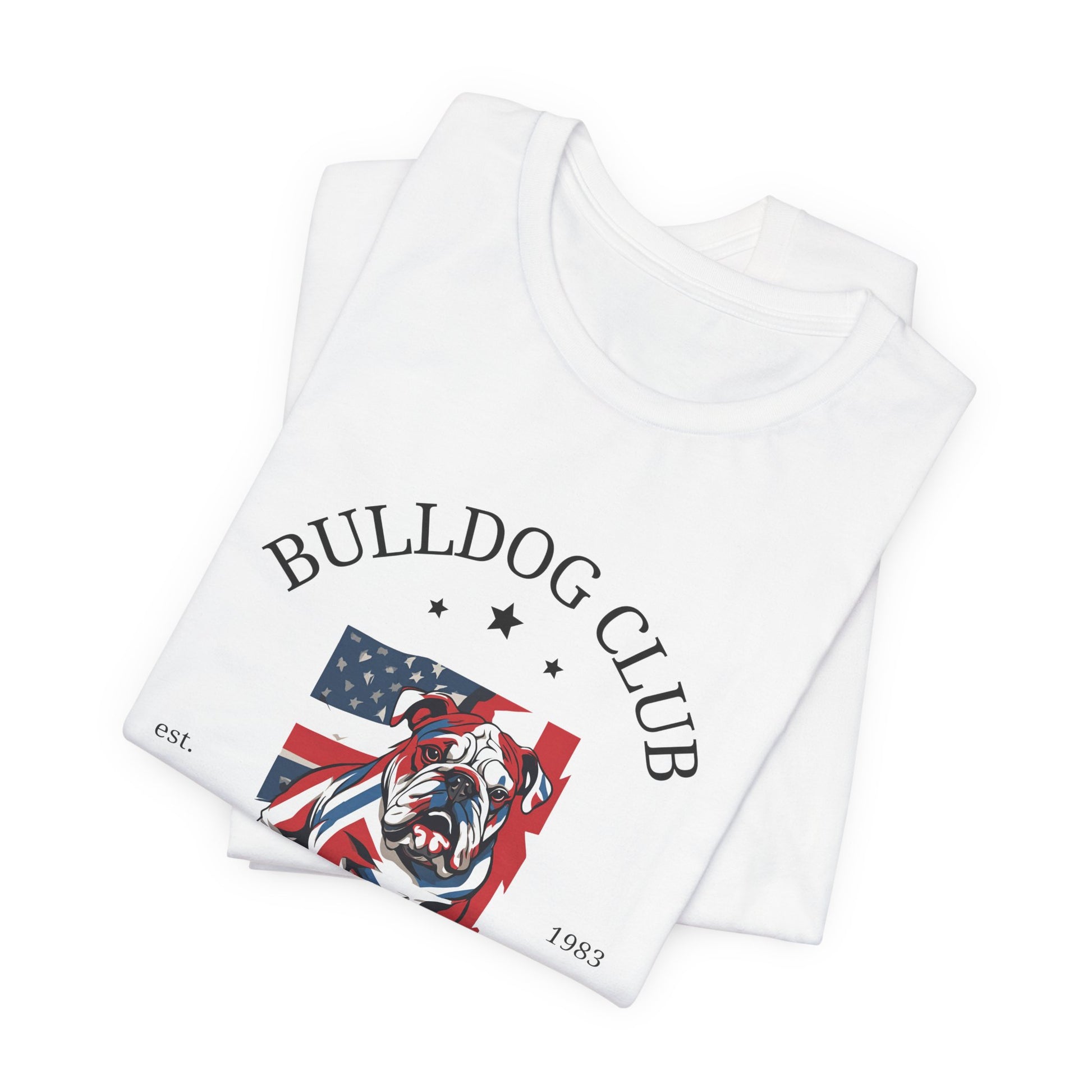 Folded White Bulldog Club t-shirt with American flag bulldog design