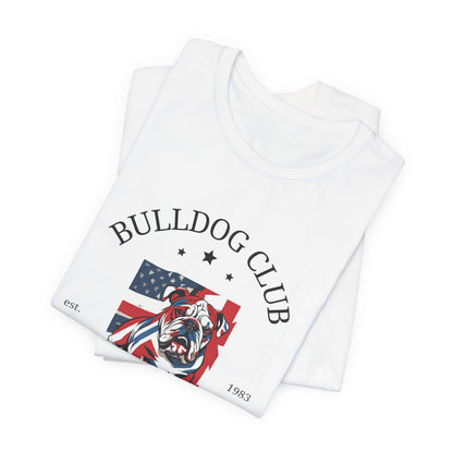 Folded White Bulldog Club t-shirt with American flag bulldog design