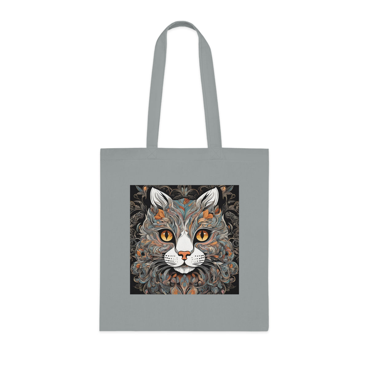 Cat tote bag close-up showing cat illustration detail and cotton fabric quality