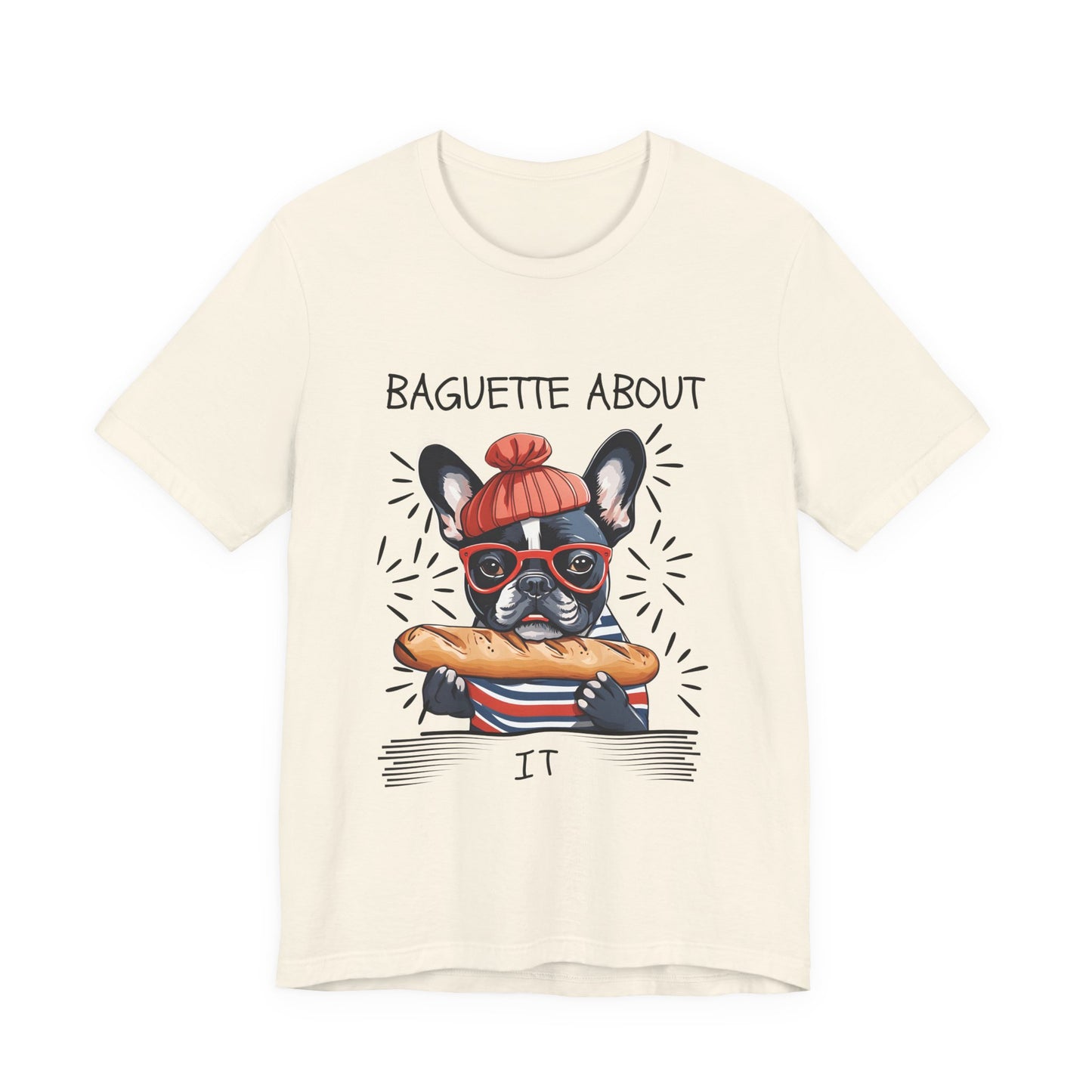 Frenchie baguette pun tee on Natural Bella+Canvas 3001 — SniffWaggleNWalk™