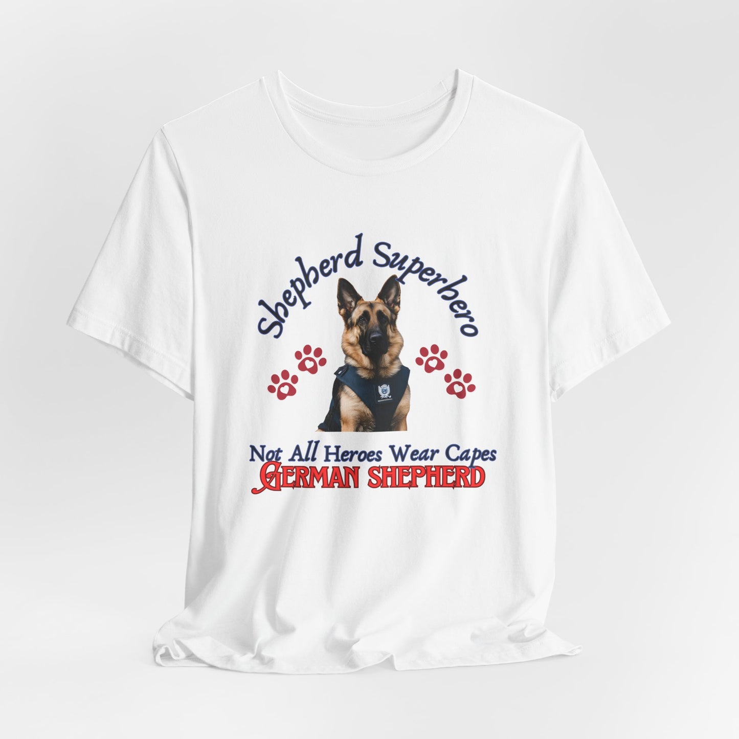 Shepherd Superhero German Shepherd t-shirt in White, hanging front view