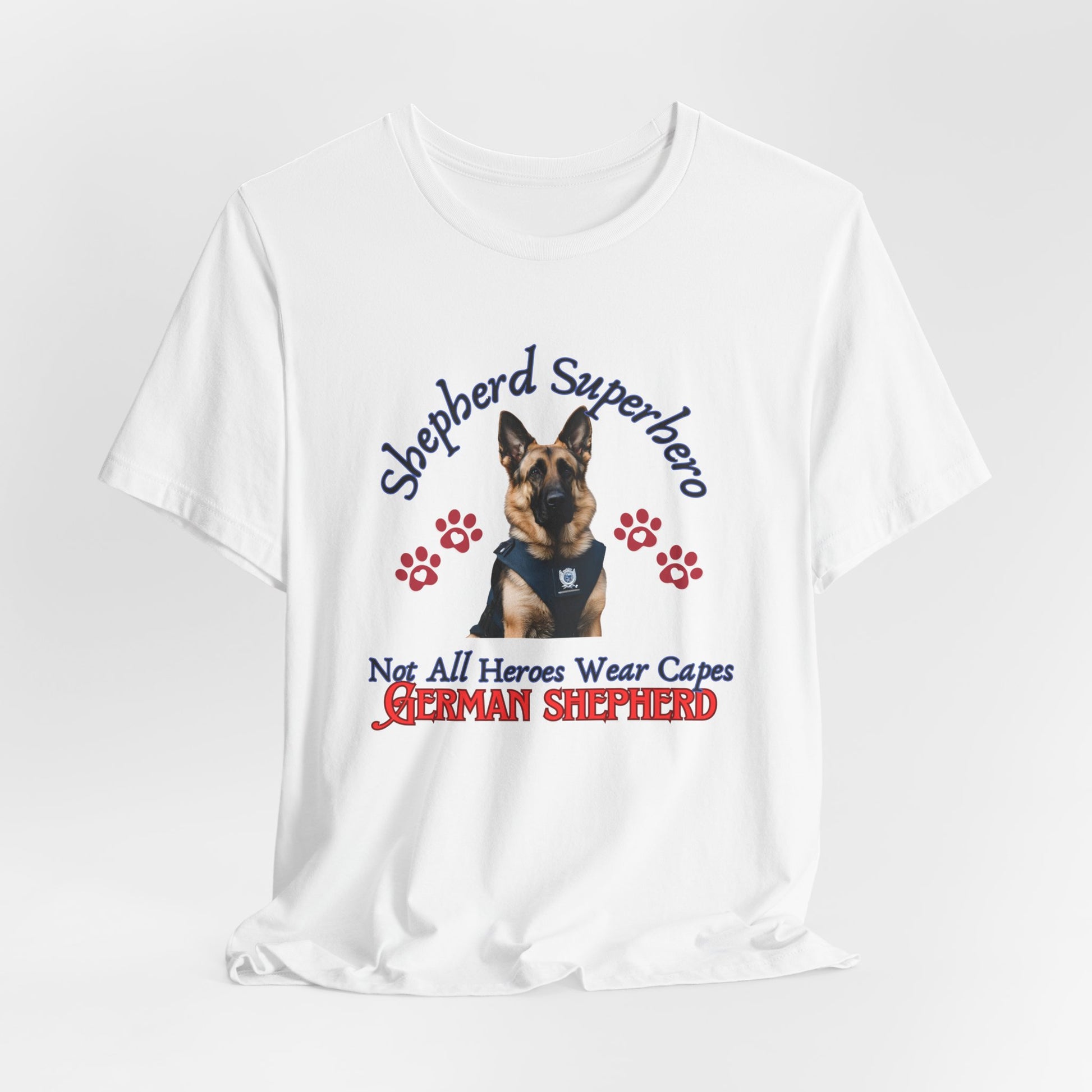 Shepherd Superhero German Shepherd t-shirt in White, hanging front view