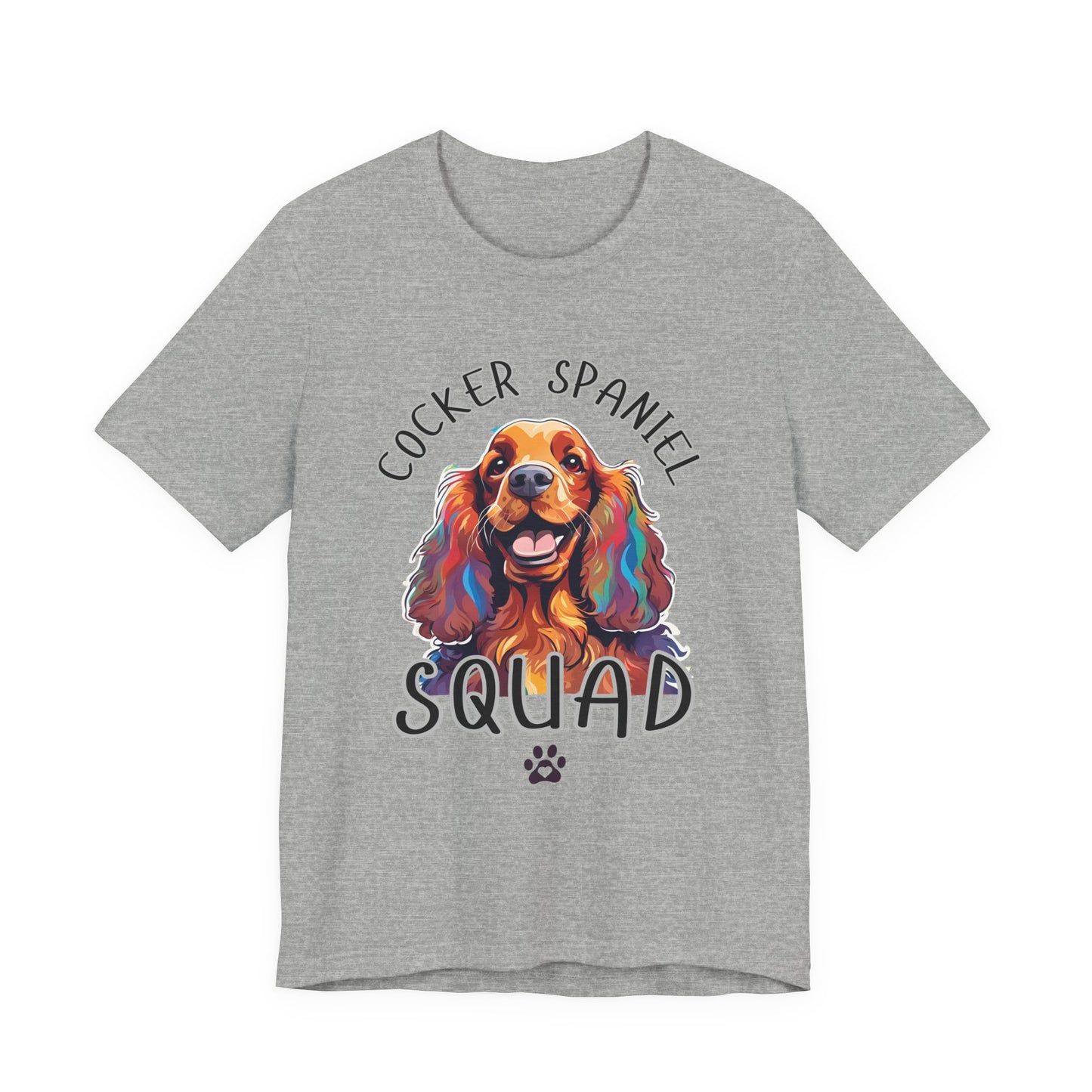 Cocker Spaniel Squad pop-art t-shirt in Athletic Heather, flat lay front view