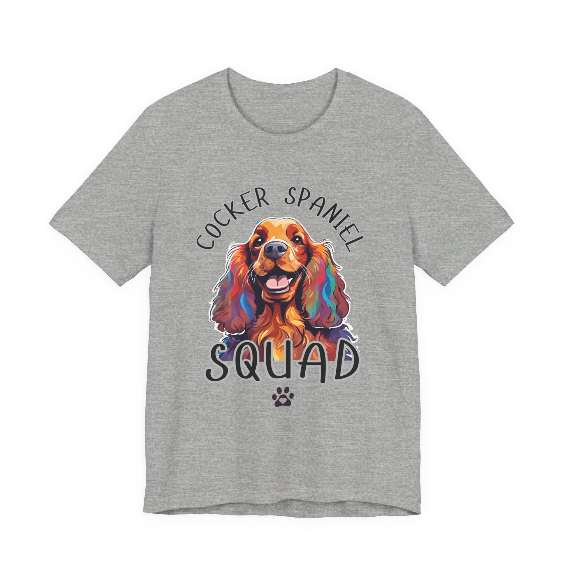 Cocker Spaniel Squad pop-art t-shirt in Athletic Heather, flat lay front view