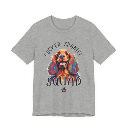 Cocker Spaniel Squad pop-art t-shirt in Athletic Heather, flat lay front view
